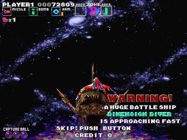 G Darius Ver.2 Arcade Screenshot: Warning! A huge battleship - Dimension Diver - is approaching fast!