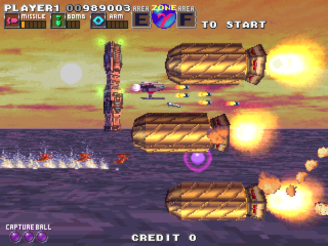 G Darius Ver.2 Arcade Screenshot: Avoid these huge missiles!