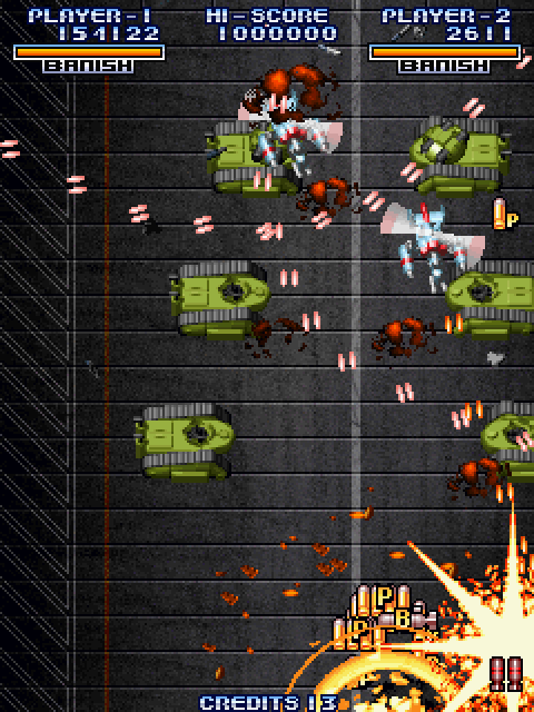 Cyvern: The Dragon Weapons Arcade Screenshot: These tanks successfully destroyed both player 1 and player 2...