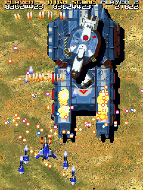 Sengeki Striker Arcade Screenshot: An even larger tank; you'll need to destroy this thing in stages...