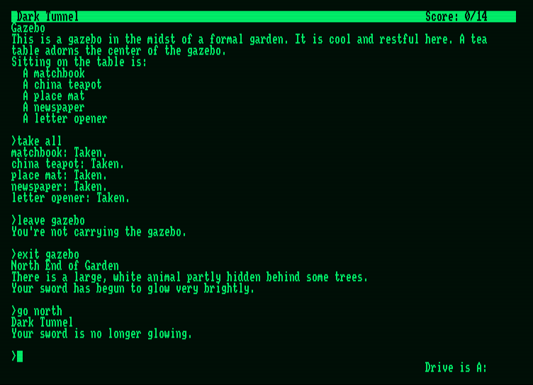 Zork II: The Wizard of Frobozz Amstrad PCW Screenshot: My sword sometimes glows...what could that mean?