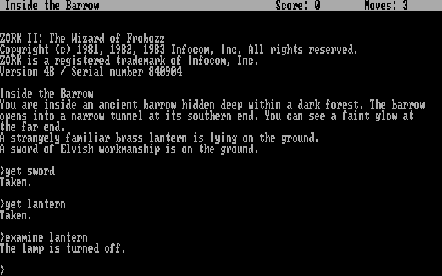 Zork II: The Wizard of Frobozz IBM PC/Compatibles Screenshot: Copyright screen and the start of the game