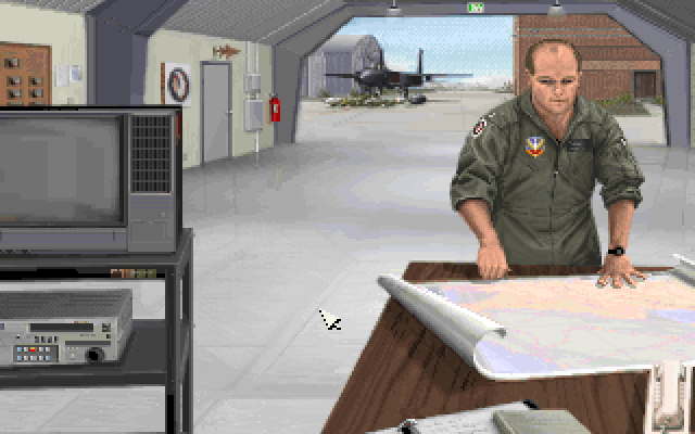 F-15 Strike Eagle III IBM PC/Compatibles Screenshot: The main menu, inside a hangar...