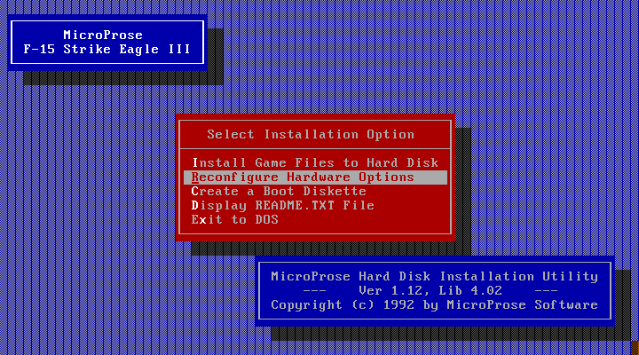 F-15 Strike Eagle III IBM PC/Compatibles Screenshot: Main setup menu.