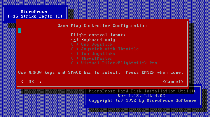 F-15 Strike Eagle III IBM PC/Compatibles Screenshot: Select flight controls...
