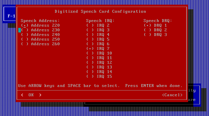 F-15 Strike Eagle III IBM PC/Compatibles Screenshot: Sound card configuration.