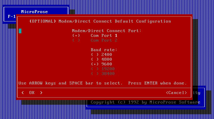 F-15 Strike Eagle III IBM PC/Compatibles Screenshot: You can optionally select a modem for two player games.