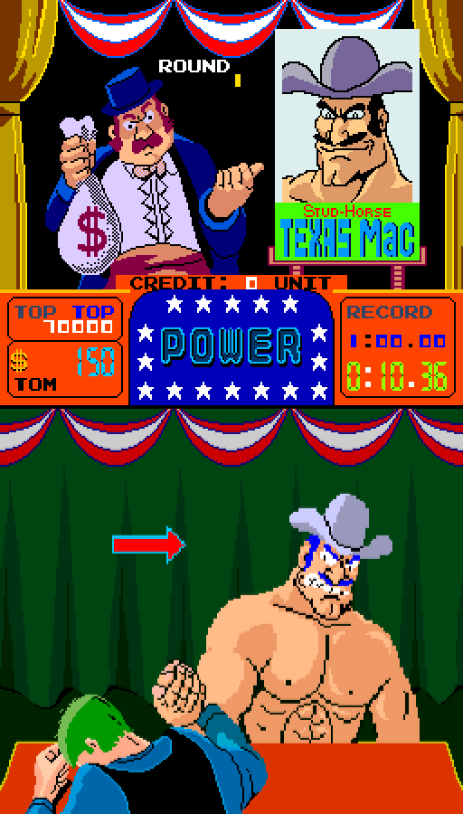 Arm Wrestling Arcade Screenshot: Arm wrestling in progress...