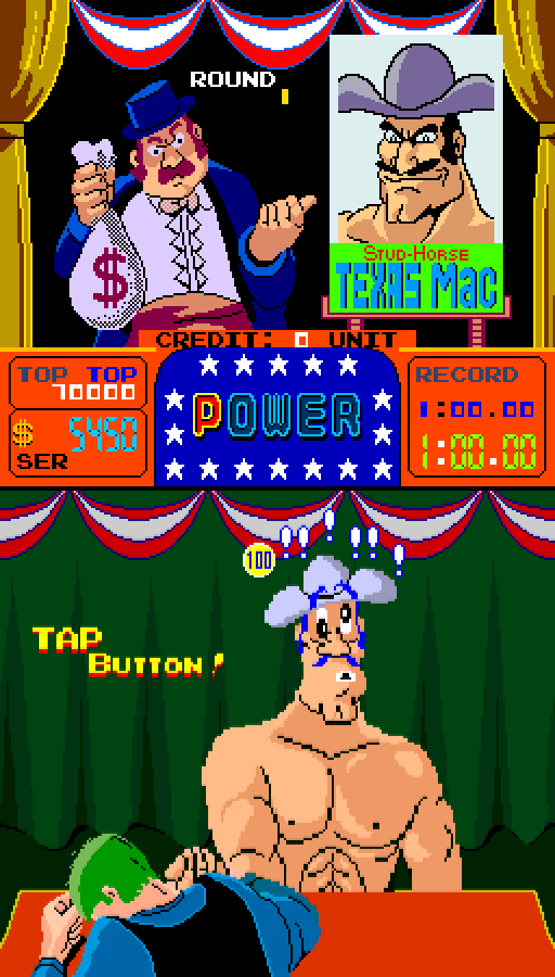 Arm Wrestling Arcade Screenshot: My opponent is stunned, tap button for points!