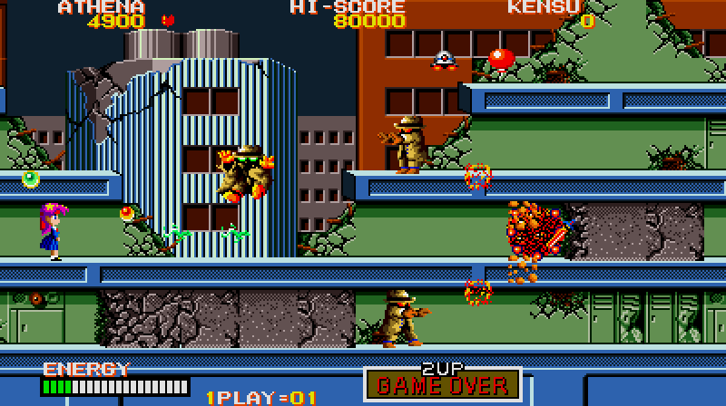 Psycho Soldier Arcade Screenshot: Enemies appear from all directions; be on your guard!