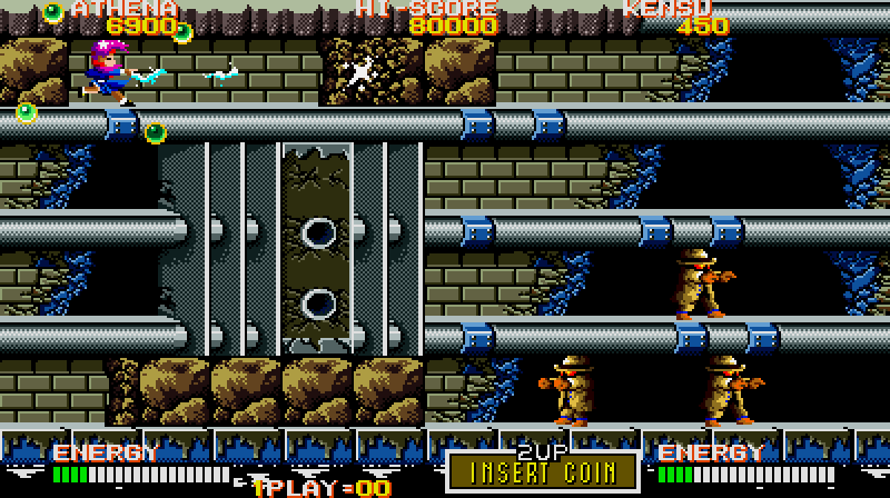 Psycho Soldier Arcade Screenshot: There are some dead end platforms; don't get caught there as the screen scrolls!