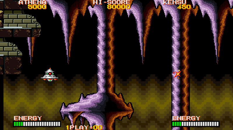 Psycho Soldier Arcade Screenshot: After losing a life you begin in that flying saucer for a few seconds which provides safety.