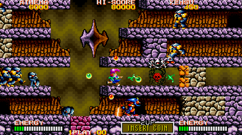 Psycho Soldier Arcade Screenshot: Watch out for that skull, it will drain energy instead of restore it.