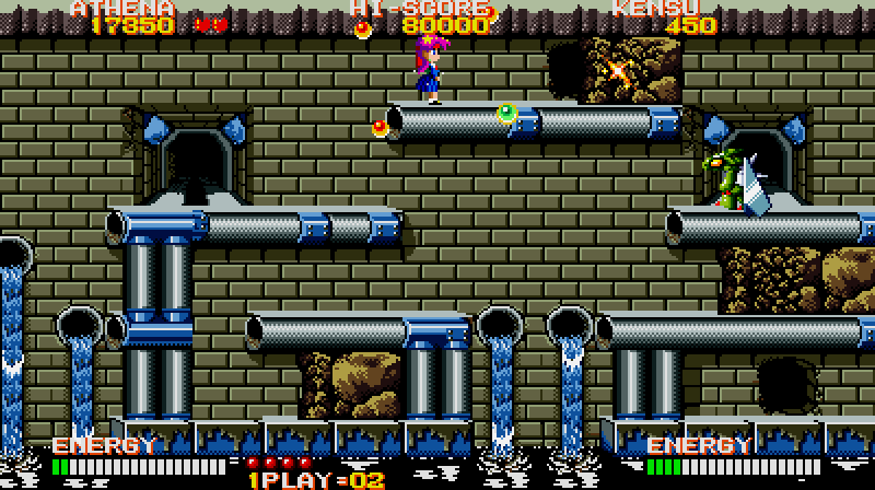 Psycho Soldier Arcade Screenshot: Carefully navigate these large gaps!