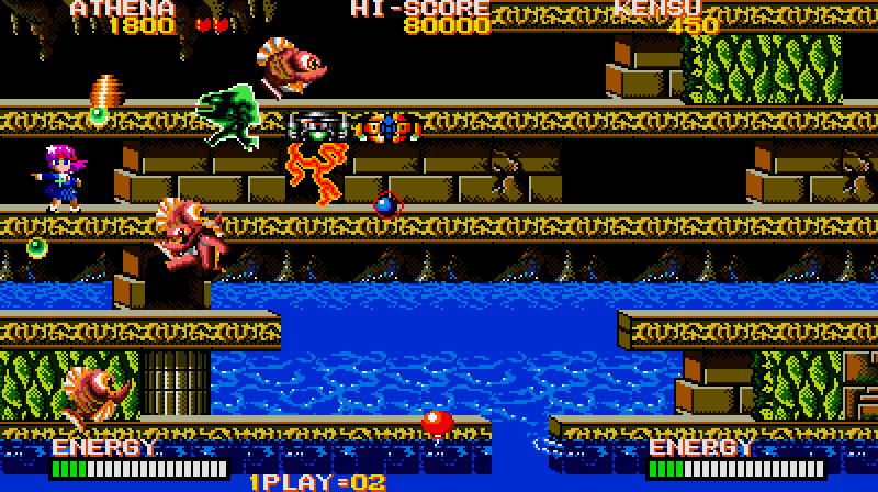 Psycho Soldier Arcade Screenshot: Jumping fish are often a problem.