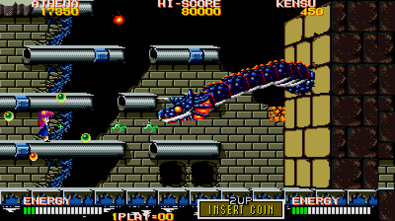 Psycho Soldier Arcade Screenshot: A large, fast moving dragon ends this level!