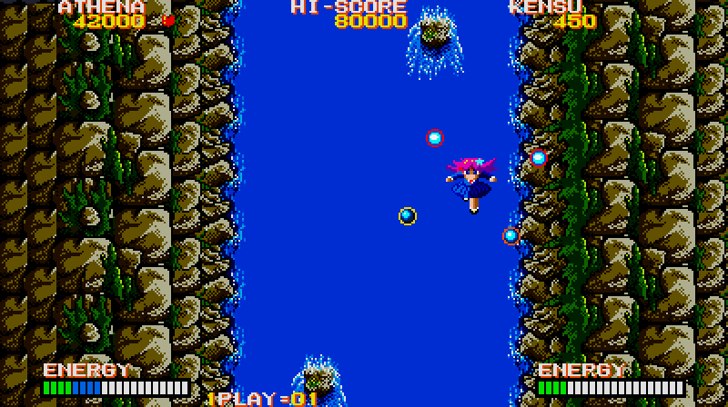 Psycho Soldier Arcade Screenshot: Floating down to the next area...