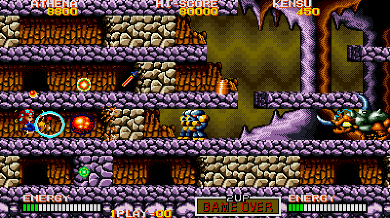 Psycho Soldier Arcade Screenshot: That sort of rhinoceros opponent on the right takes a lot of hits to destroy, be careful!