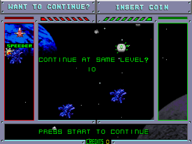 Blasteroids Arcade Screenshot: Game over; continue?