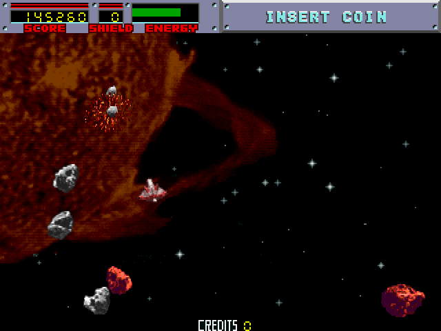 Blasteroids Arcade Screenshot: Large asteroids split into small ones when shot...