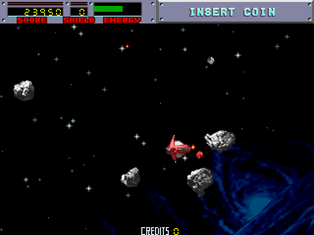 Blasteroids Arcade Screenshot: Don't crash into asteroids, or energy is lost...