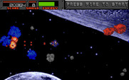 Blasteroids for IBM PC/Compatibles - The blue asteroids become locked in place after being shot a few times.