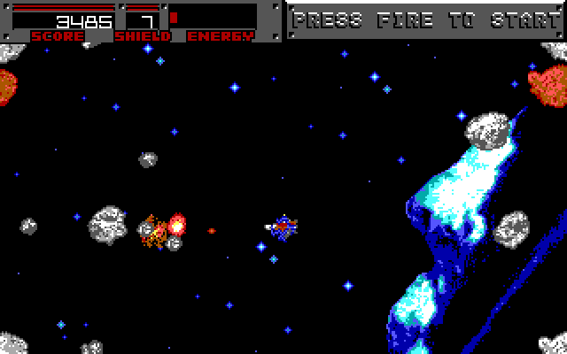 Blasteroids IBM PC/Compatibles Screenshot: Shooting large asteroids causes them to split into two.