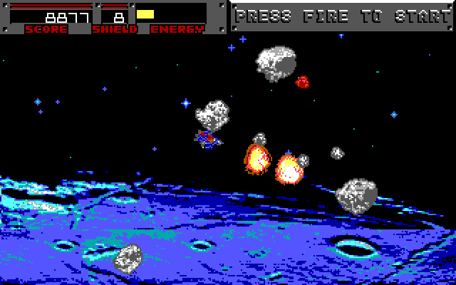 Blasteroids IBM PC/Compatibles Screenshot: Don't crash into asteroids, it will drain energy!