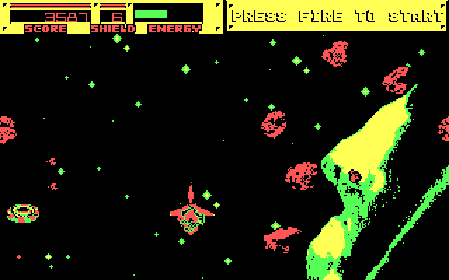 Blasteroids IBM PC/Compatibles Screenshot: The large ship has a strong shield, but is horribly slow.