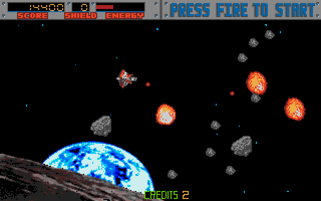 Blasteroids Amiga Screenshot: When you shoot large asteroids, they split into small ones.