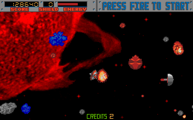 Blasteroids Amiga Screenshot: A variety of opponents attack in this area...