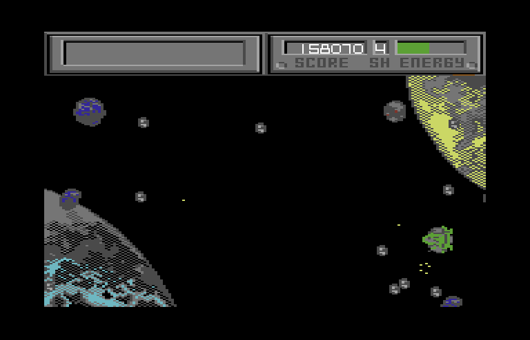 Blasteroids Commodore 64 Screenshot: Your ship can take several forms; here's the slow but powerful form.