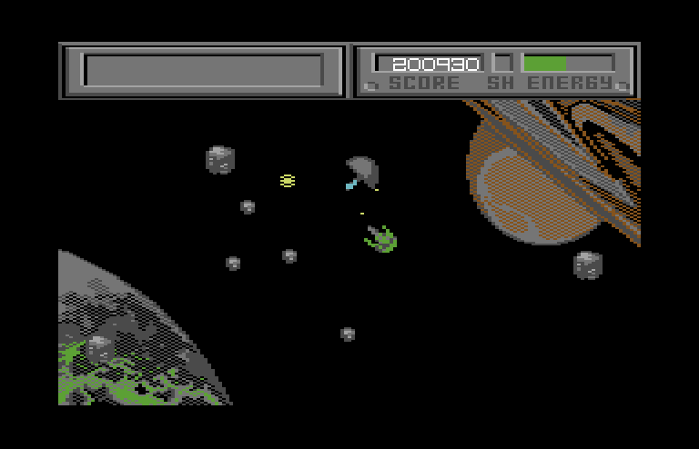 Blasteroids Commodore 64 Screenshot: Collect the yellow power up for extra energy.