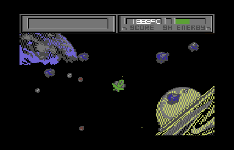 Blasteroids Commodore 64 Screenshot: The background scenery changes in each sector.