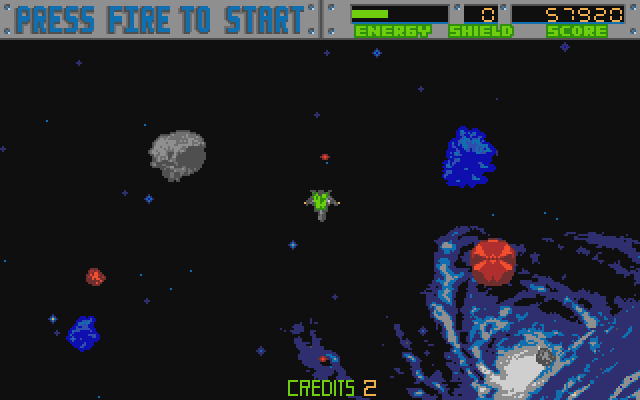 Blasteroids Atari ST Screenshot: Blue asteroids stay fixed in place after you shoot them.