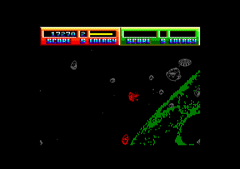 Blasteroids Amstrad CPC Screenshot: Transformed into a more agile ship...