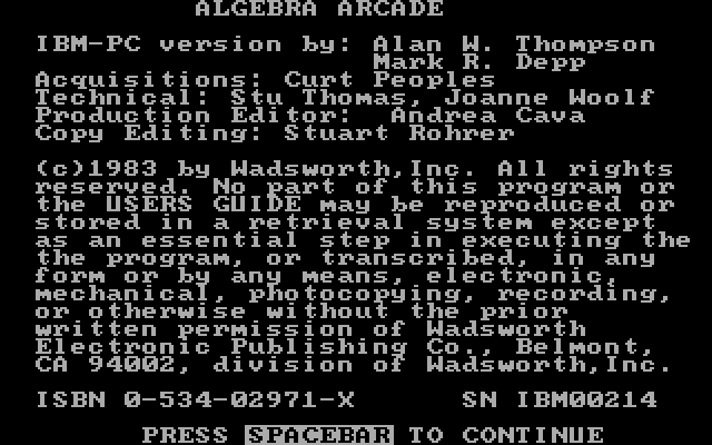 Algebra Arcade IBM PC/Compatibles Screenshot: Game credits.