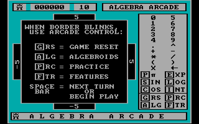 Algebra Arcade IBM PC/Compatibles Screenshot: Choose some game options.