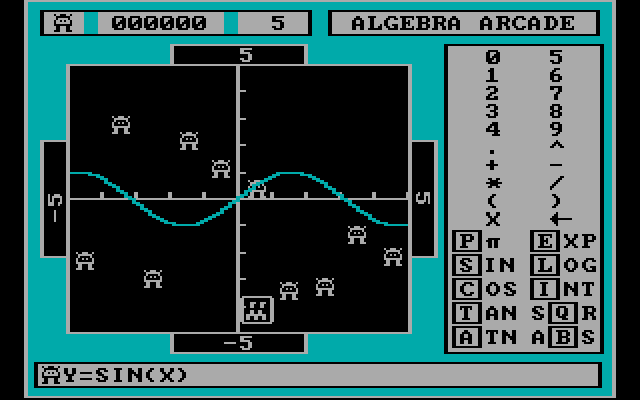 Algebra Arcade IBM PC/Compatibles Screenshot: Using a SIN wave to hit some targets.