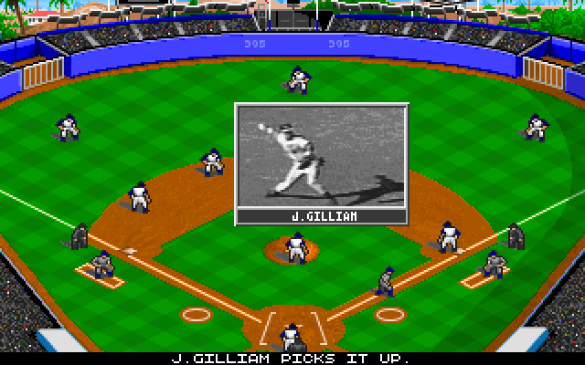 MicroLeague Baseball IV IBM PC/Compatibles Screenshot: J. Gilliam picks up the ball and throws to first...