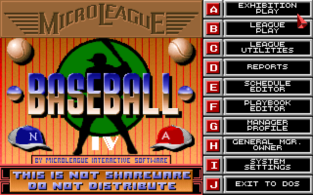 MicroLeague Baseball IV IBM PC/Compatibles Screenshot: The main menu.
