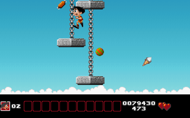 Soccer Kid IBM PC/Compatibles Screenshot: As usual, more tiny platforms in the sky is a great way to find items.