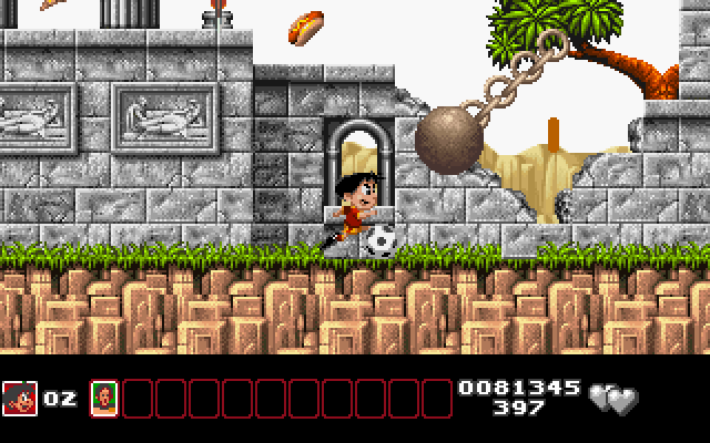 Soccer Kid IBM PC/Compatibles Screenshot: Don't get hit by that swinging ball.
