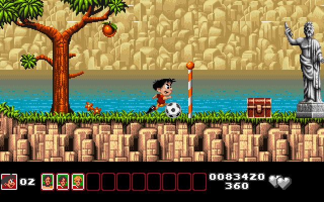 Soccer Kid IBM PC/Compatibles Screenshot: Those striped poles are a checkpoint.