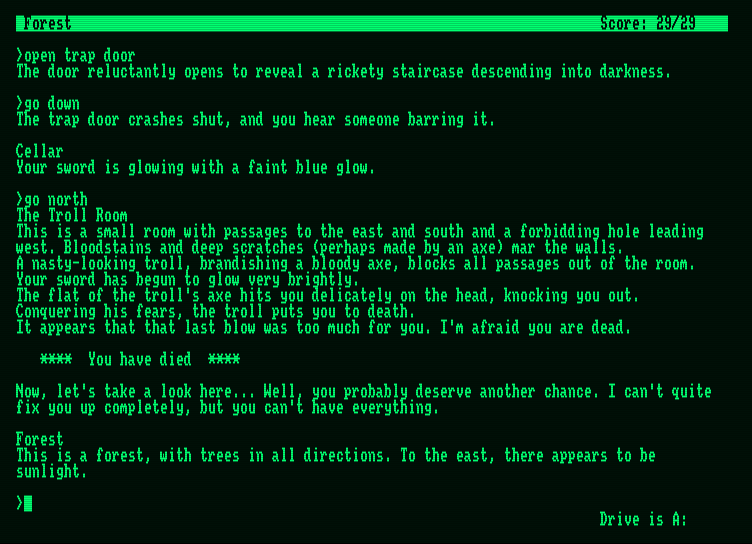 Zork: The Great Underground Empire Amstrad PCW Screenshot: I have died!