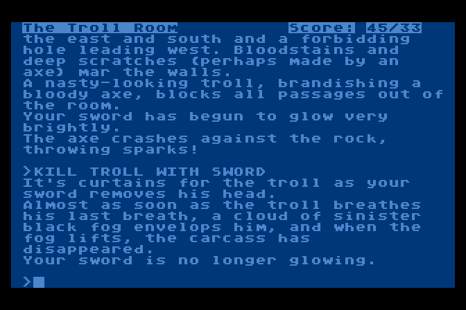 Zork: The Great Underground Empire Atari 8-bit Screenshot: Fighting a troll!