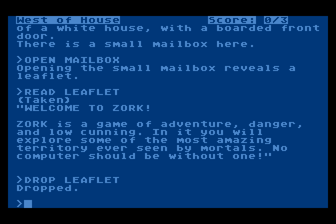 Zork: The Great Underground Empire Atari 8-bit Screenshot: An informative leaflet...Welcome to Zork!