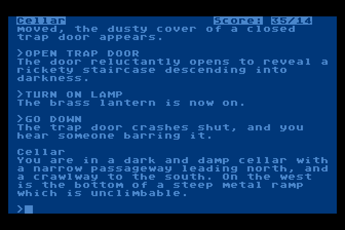 Zork: The Great Underground Empire Atari 8-bit Screenshot: Usually a good idea to turn on the lamp before entering the darkness...