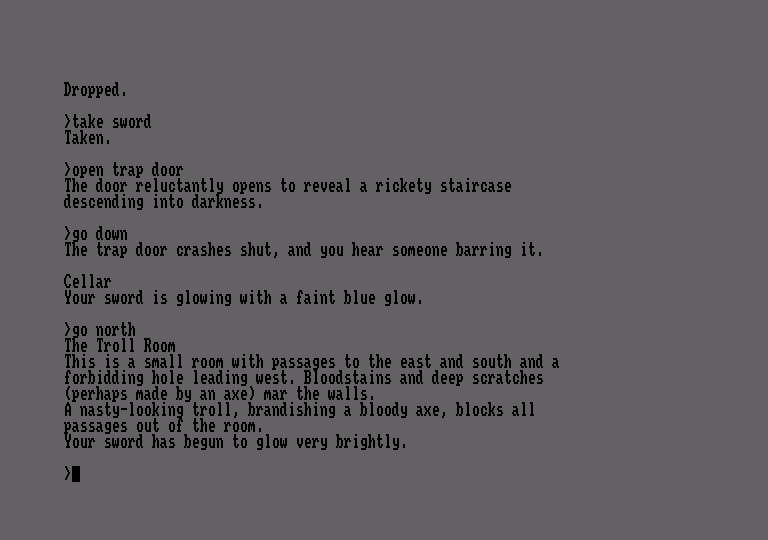 Zork: The Great Underground Empire Amstrad CPC Screenshot: My sword is glowing...danger is near!