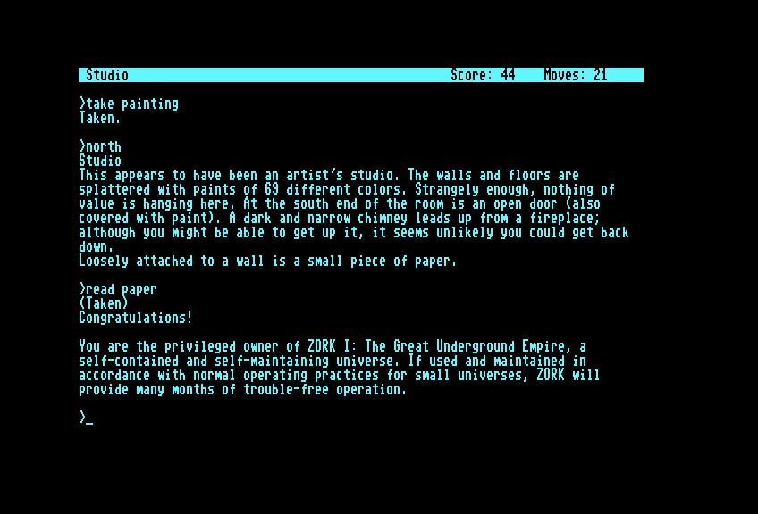 Zork: The Great Underground Empire Commodore 128 Screenshot: Reading a paper...about the game!